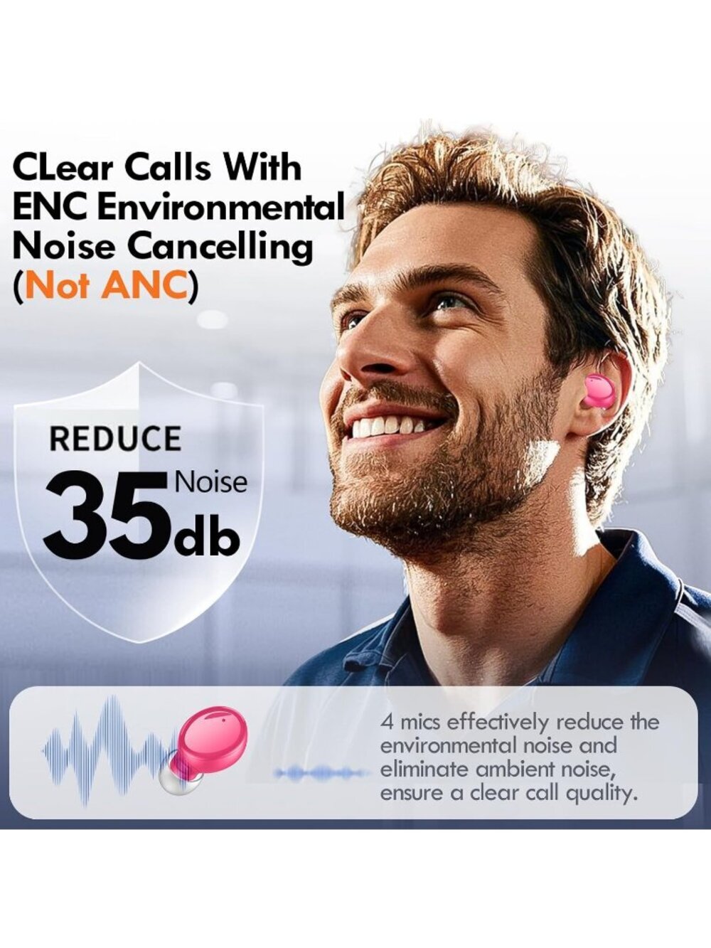 Wireless Hot Pink 48H Playtime Premium Sound Deep Bass Workout Bluetooth Earbud - Picture 5 of 6